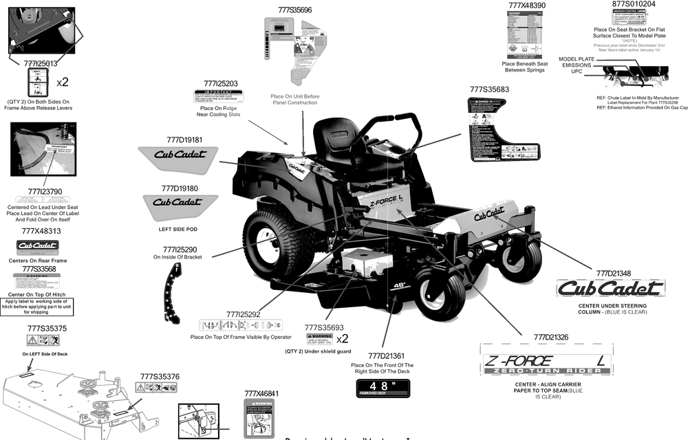 Label Map Diagram and Parts List for Z-FORCEL48 (17DSDALB010)(2016) Cub Cadet Lawn Tractor